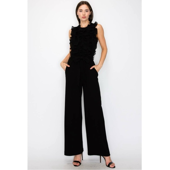 NWT Boutique Brooke Front Ruffled Sleeveless Jumpsuit | Belted Organza Detail - Picture 3 of 7